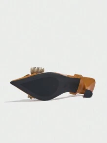 女士尖头高跟鞋，带水钻蝴蝶结装饰，一脚蹬穆勒鞋款式，优雅舒适，适合派对、婚礼、春夏秋冬约会等正式场合，驼色 - 棕色 - 查看 8