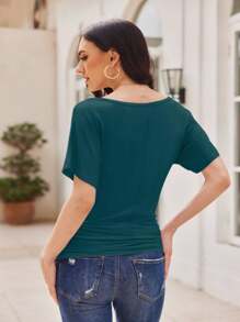 OUTBALL Women's Solid Short Sleeve Boat Neck Dolman Top With Side Shirring Casual Loose Fit T-Shirt - 孔雀藍 - 查看 2