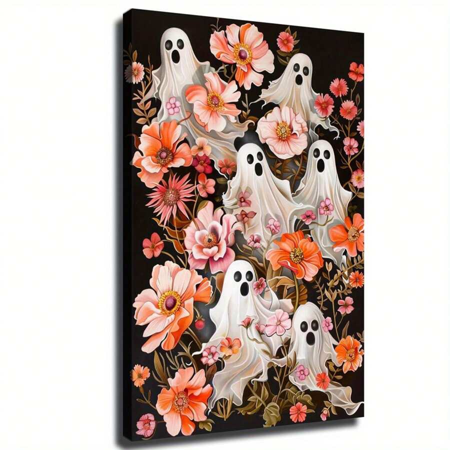 Painting Ghosts In Flowers Halloween Painting Vintage Aesthetic Spooky Decor Whimsigoth Decor Wall Art Dark Academia Print - Framed - View 1