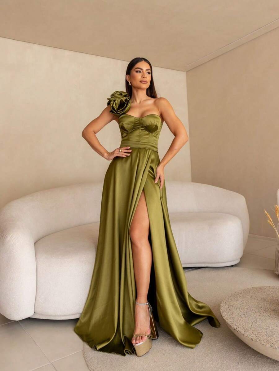 PARTY DRESS FOR BRIDESMAIDS AND GRADUATES LONG ZIBELINE FLOWER ON THE SHOULDER WITH SLIT - 橄欖綠 - 查看 1