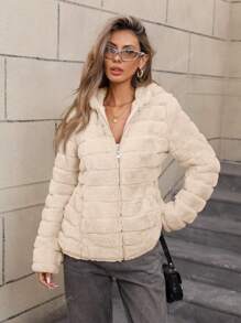 Women's Faux Fur Coat With Hat And Pockets, Perfect For Fall And Winter - Soft Blend Fabrics