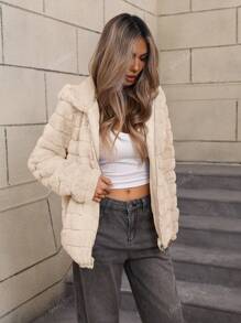 Women's Faux Fur Coat With Hat And Pockets, Perfect For Fall And Winter - Soft Blend Fabrics
