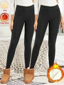 2件套保暖内衬打底裤，休闲高腰保暖打底裤，户外运动冬季紧身裤 - 黑色 - 查看 2