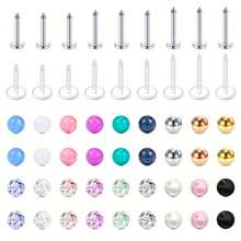 54pcs Bioflex Stainless Steel Lip Studs, Clear Inlaid Retainer Helix Tragus Earrings With Faux Pearl Labret Medusa Monroe Piercing And Colorfur Replacement Balls