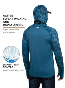 RIIIPO 春夏 RIIIIPO 男士 UPF 100+ 防晒衬衫，高性能钓鱼衬衫，主动排汗，速干，透气，四向拉伸，轻质，抗皱，加长袖，带帽户外运动防晒衣，可折叠防风绑腿，拇指孔，内置超细纤维镜头清洁剂，适用于海滩、划船、徒步旅行、狩猎、水上运动 - 水鴨藍 - 查看 5