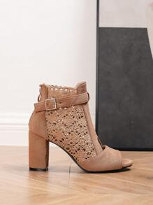 2025秋冬户外休闲粗高跟露趾镂空女士粗跟高跟凉鞋，女靴 - 杏色 - 查看 6