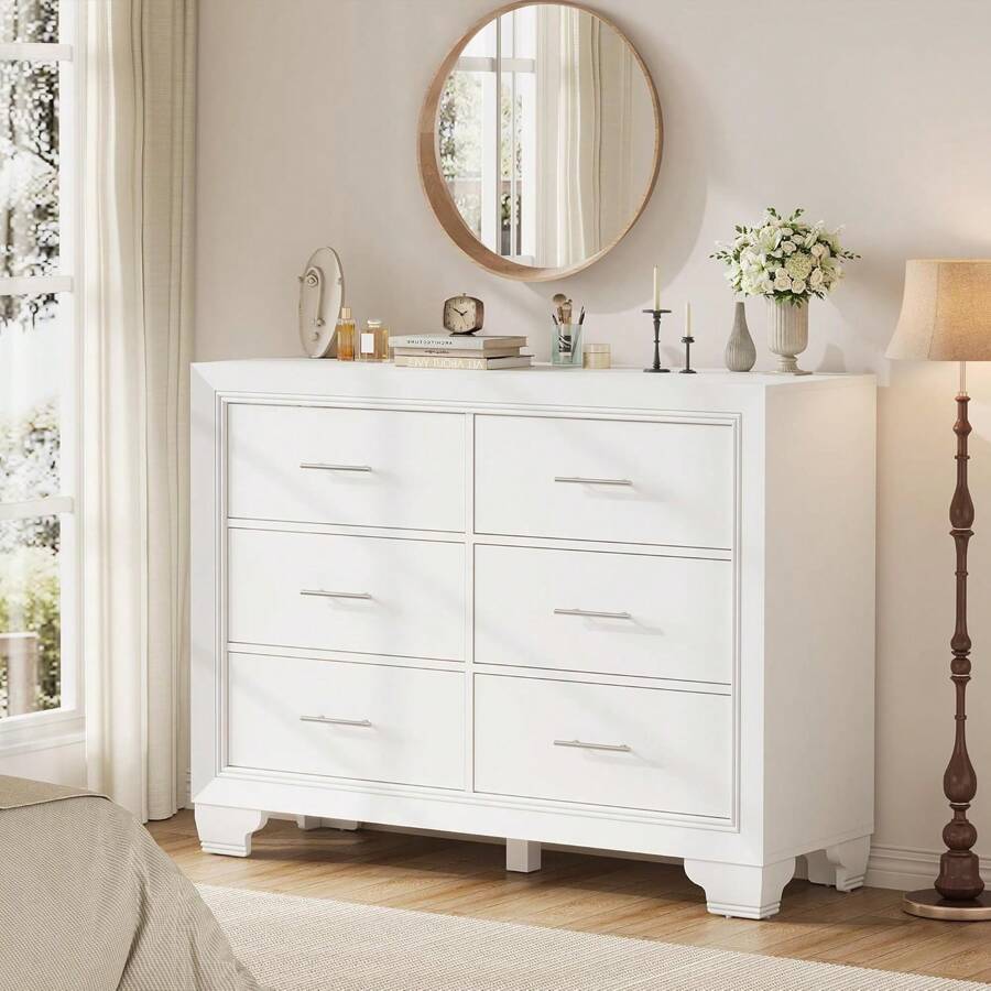 6 Drawer Dresser For Bedroom, Modern Chest Of Drawer Storage Organizer, Tall Dresser TV Stand With Silver Handle For Living Room, Hallway, Entryway - 白色 - 查看 1
