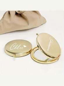 1pc Personalized Women's Golden Metal Engraved Wedding Bridesmaid Gift Vanity Mirror, Proposal Gift, Double Compact Mirror - Mother's Day Makeup Mirror - Gold - View 2