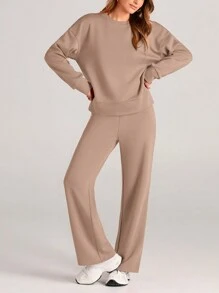 Women's Two Piece Outfits Fall Long Sleeve Pullover Tops And Long Pants Lounge Sets Tracksuit - Màu Khaki - Xem 2