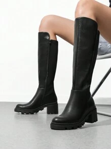Women's Solid Color Knee High Boots Platform Round Toe Stretch Boots Comfortable Fashionable Casual Riding Boots For Fall/Winter - màu đen - Xem 3