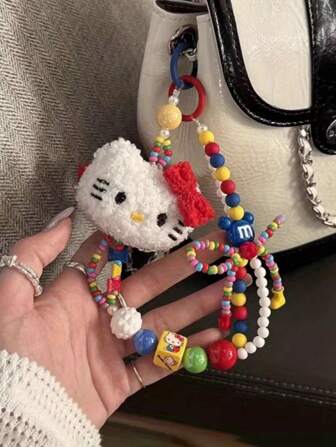 Sanrio 1/3pcs Hello Kawaii Kitty Bowknot Beaded Phone Lanyard - Cute Cartoon Cat Charm, Colorful Wrist Strap For Woman, Smartphone Accessory