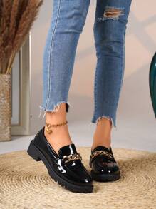 Mocasines tipo slip-on con moño al estilo inglés para mujeres, versátiles tacones gruesos de tacón alto, nuevas llegadas para primavera y otoño - Negro - Ver 4