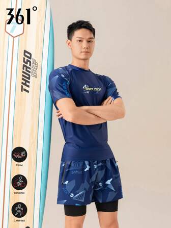 361degree 2 件/套男士时尚休闲运动泳装：1 件短袖 T 恤，1 条短裤，带内衬，避免尴尬，拉链口袋，快干高弹面料，舒适不闷热，不褪色，适合游泳、冲浪、漂流、水球、沙滩排球、户外运动、水上运动