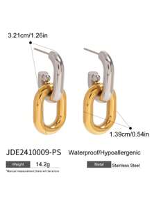 Uworld 1对欧美时尚小众复古女士链条式圆环扣不对称耳环日常通勤风格不锈钢耳环18K镀金 - 金銀拼色 - 查看 5