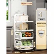 Höhenverstellbares Küchenlagerregal, multifunktionaler Boden-Topf-Pfannenhalter mit Gemüsekorb & Rädern