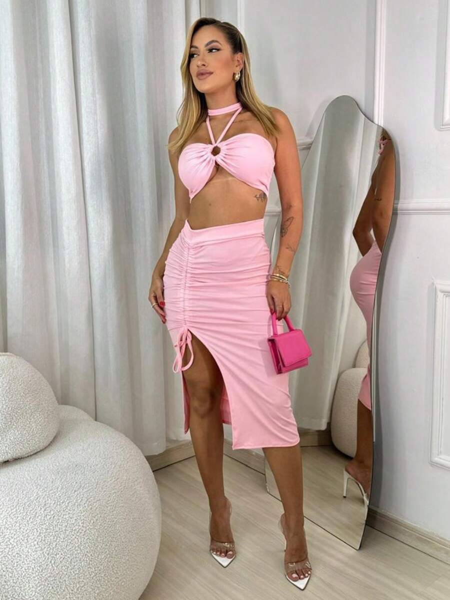 Women's Set Cropped Top With Low-Cut Tie And Midi Pencil Skirt With Adjustable Slit Summer Foreign Women's Fashion - 淺粉色 - 查看 1