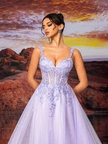 Purple Tulle Slip Dress Long A Line Sparkly Embroidery Prom Dress, Elegant Semi Formal Dress, For Birthday, Wedding Guest, Graduation Homecoming Party Dress - Purple - View 7