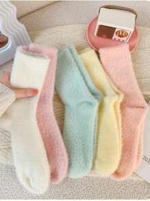4 Đôi/Bộ Vớ nhung ấm áp cho nữ, Nhiều màu, Mềm mại, Thoải mái, Đồ mặc ở nhà thường ngày, Thích hợp cho các quý cô vào mùa thu và đông - Nhiều màu - Xem 5