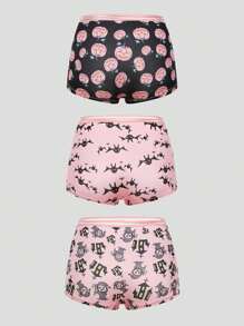 Dircho 3pcs Women Gothic Halloween Pink Bats & Skulls & Pumpkins Print Contrast Binding Boyshorts, Comfy & Soft & Silky Elastic Waist Intimates Panties, Women's Lingeries & Underwear - Multicolor - View 2
