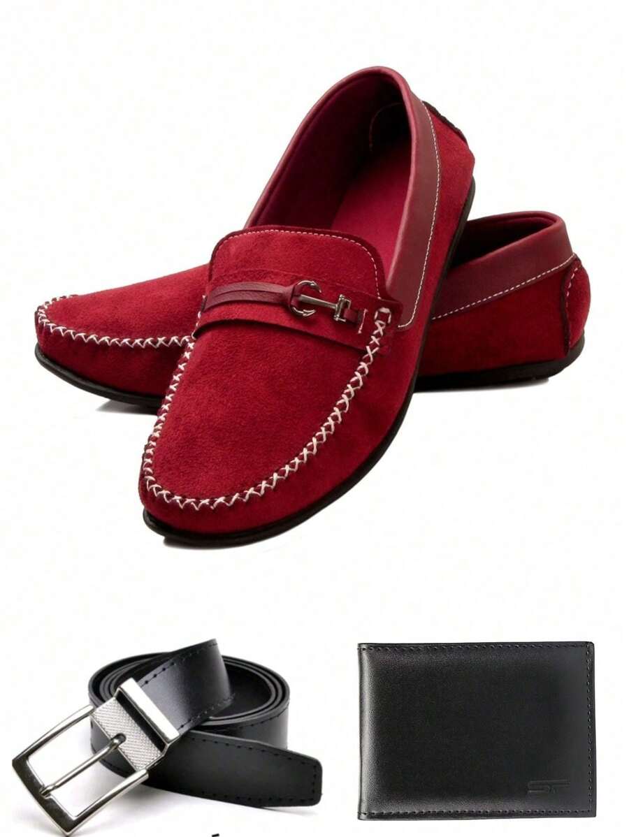 KIT Hand-Stitched Men's Moccasin Shoe + Wallet + Belt - 紫紅色 - 查看 1