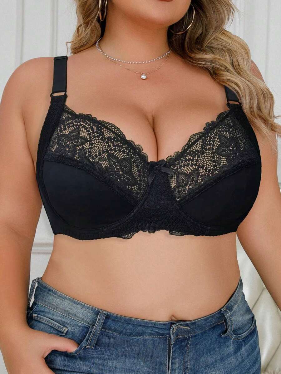 大码女式黑色蕾丝拼接钢圈文胸，背部有弹性，透气，性感，适合私密场合、情人节 - 黑色 - 查看 1