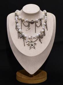 BOCAR 1 件 Emo Grunge 配饰银星卡哇伊可爱项链 Y2K 多层珍珠串珠流苏吊坠项链 适合女士，新年派对 - 多層項鍊 - 查看 8