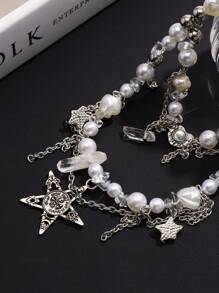 BOCAR 1 件 Emo Grunge 配饰银星卡哇伊可爱项链 Y2K 多层珍珠串珠流苏吊坠项链 适合女士，新年派对 - 多層項鍊 - 查看 4