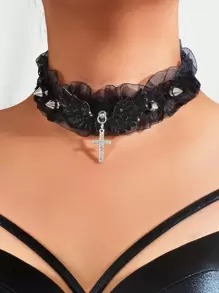 1 件哥特式朋克摇滚尖刺装饰黑色蕾丝纹身颈链吊坠项链女士夜店派对珠宝 - 黑色 - 查看 1