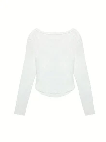 Women Square Neck Pullover T-Shirt, Wrinkle Design Fitted Short Crop Top