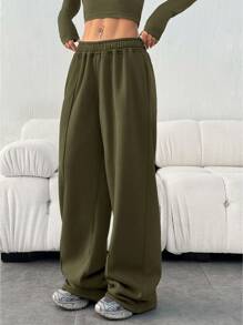 Women's Casual Loose Solid Color Drawstring Waist Track Pants - 軍綠色 - 查看 4