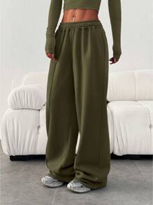 Women's Casual Loose Solid Color Drawstring Waist Track Pants - 軍綠色 - 查看 2