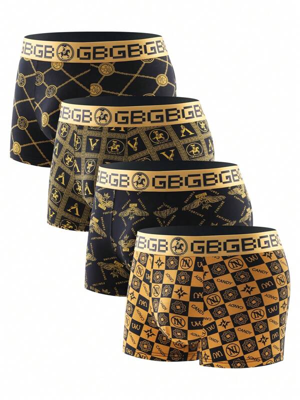 4 Pcs Men's Luxury Black Golden Print Mid-Waist Boxer Briefs - Super Soft Ice Silk Feelings, Antibacterial & Breathable - Elastic Sports Shorts For Daily Casual Wearing