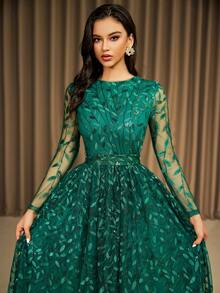 Robe de soirée formelle avec paillettes à la taille, manches longues, verte. Robe de soirée élégante pour invité de mariage, remise des diplômes, dîner, fête - Vert - Voir 6