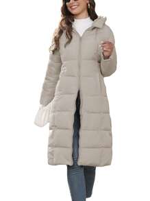 Women's Long  Winter Warm Quilted Coat Long Sleeve Zip Up Outwear With Hood 100%Polyester - Khaki - View 1
