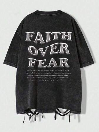 Heren "Faith Over Fear" Letter Print Casual Pullover Top, Vintage Distressed Crew Neck Korte Mouw T-shirt Met Street Fashion Stijl