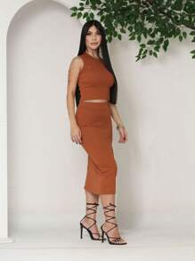 Elegant Women's Sets In Premium Ribanna Tank Top And Skirt - 駝色 - 查看 1