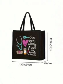 一套护士主题手提包和化妆包，休闲风格，布料材质，固定肩带，印有听诊器、心形、注射器、体温计图案，“她喜欢动手工作” - 黑色 - 查看 10