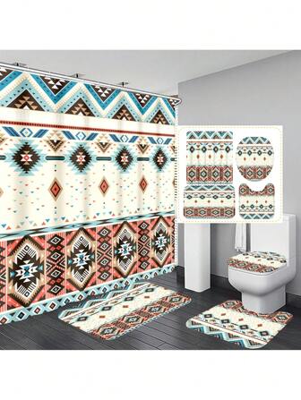 1ชิ้น/4ชิ้น ชุดผ้าม่านอาบน้ำลายสก็อตและรูปทรงเรขาคณิต, ผ้าม่านอาบน้ำกันน้ำพร้อมตะขอ 12 ตัว, พรมห้องน้ำ, ฝาครอบโถส้วมรูปตัว U, ผนังกั้นห้องน้ำ, อุปกรณ์เสริมห้องน้ำ, ของตกแต่งห้องน้ำ ตกแต่งฤดูใบไม้ร่วง กลับโรงเรียน