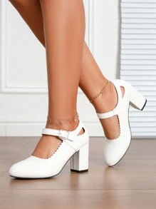 女士新款粗跟玛丽珍鞋，时尚女士高跟鞋 - 白色 - 查看 5