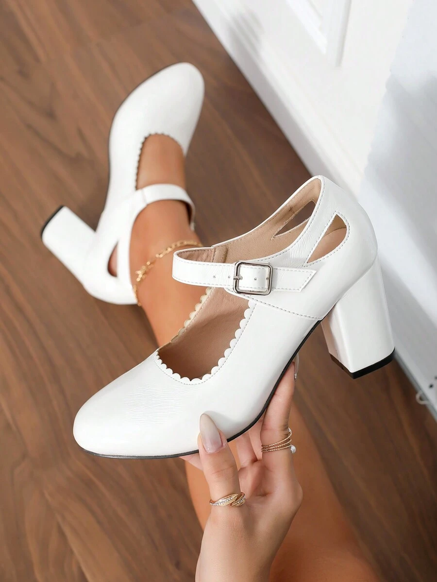 女士新款粗跟玛丽珍鞋，时尚女士高跟鞋 - 白色 - 查看 1