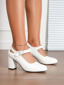 女士新款粗跟玛丽珍鞋，时尚女士高跟鞋 - 白色 - 查看 4