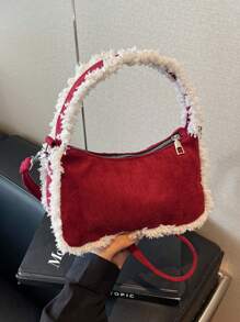 2024年新款时尚经典百搭毛绒拼接设计麂皮包方包手提包麂皮包适合购物。毛绒鹿皮单肩包。流浪包 - 紅色 - 查看 9