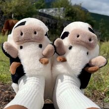1 Pair Cute 2024 Winter Fluffy House Cow Slippers, Personalized Cartoon Animal Design Soft Comfy Bedroom Slippers, Autumn And Winter Fuzzy Warm Household Slippers - Black and White - View 2