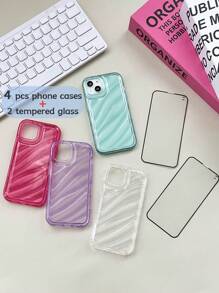 6 件：4 件简约纯色波浪激光手机壳，适用于 iPhone，附带 2 件全覆盖钢化玻璃屏幕保护膜 - 彩色 - 查看 3
