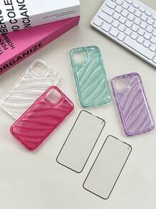 6 件：4 件简约纯色波浪激光手机壳，适用于 iPhone，附带 2 件全覆盖钢化玻璃屏幕保护膜 - 彩色 - 查看 8