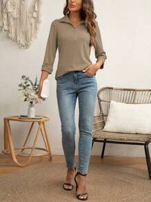Womens Tops Dressy Casual Shirt 3/4 Sleeve V Neck Business Casual Blouses Zipper Collar Women Polo Shirts - Cà phê nâu - Xem 4