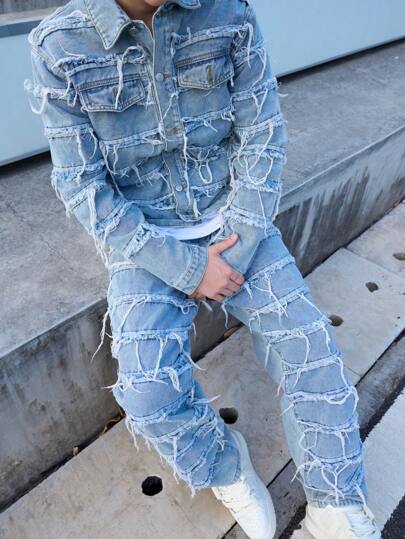 Herr långärmad denimjacka med sliten krage och fransar, retro mode slim fit denimtopp, emo-stil, för hösten