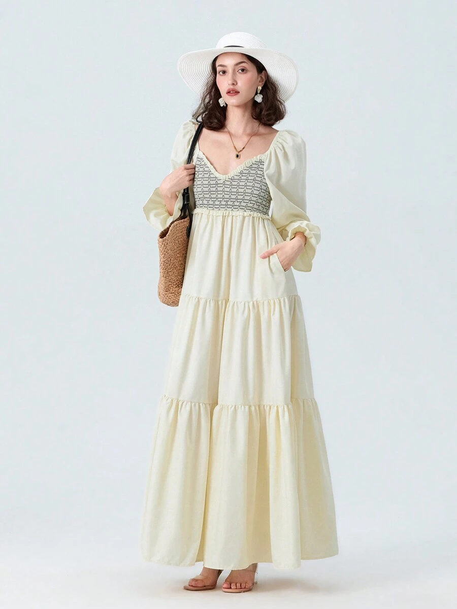 Women Long Dress Fashion Print Sweetheart Neckline Long Sleeve Dress Fashion Spring Fall Casual Dress - 白色 - 查看 1