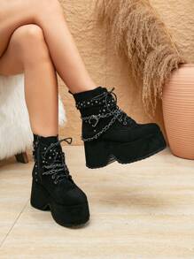 粗跟厚底切尔西靴，配有侧拉链和装饰扣，黑色靴子，圆头朋克坡跟踝靴，百搭厚底高跟靴 - 黑色 - 查看 1