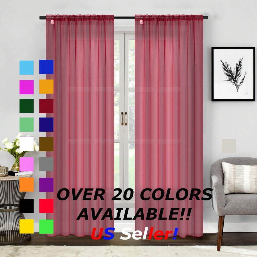 Two (2) Sheer Window Curtains Panels - Drapes Set Multiple Lengths (63", 84", 95", 108", 120" L) Rod Pocket Solid Colors - Burgundy - View 1